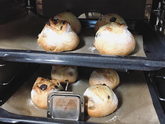 自家製酵母パン教室でオーブン内のおいしそうに焼けているパン。